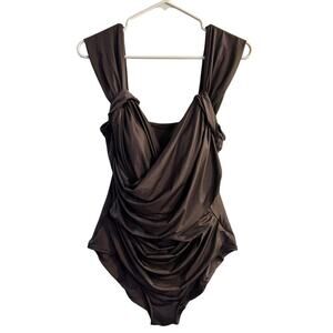 Badgley Mischka Ruched Draped Sweetheart One Piece Swimsuit Chocolate Brown 14